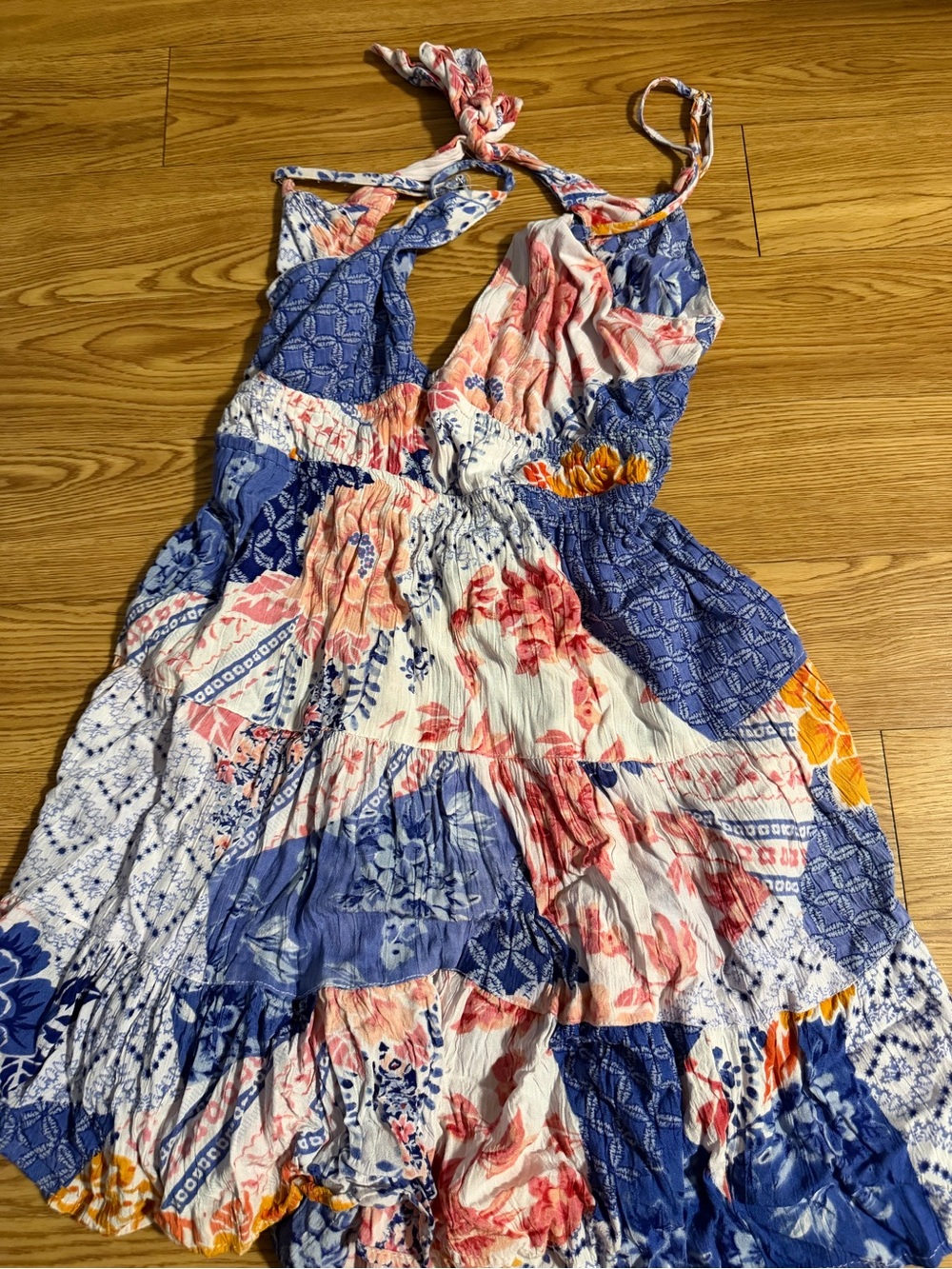 Blue Floral Patchwork Mini Dress with Adjustable Straps